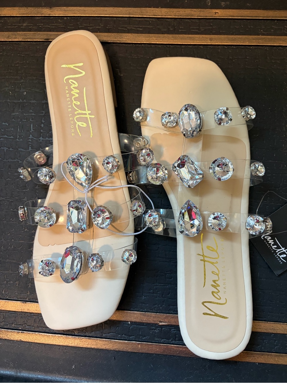 Nannette Ivory Slide Sandals with Clear Jeweled Straps